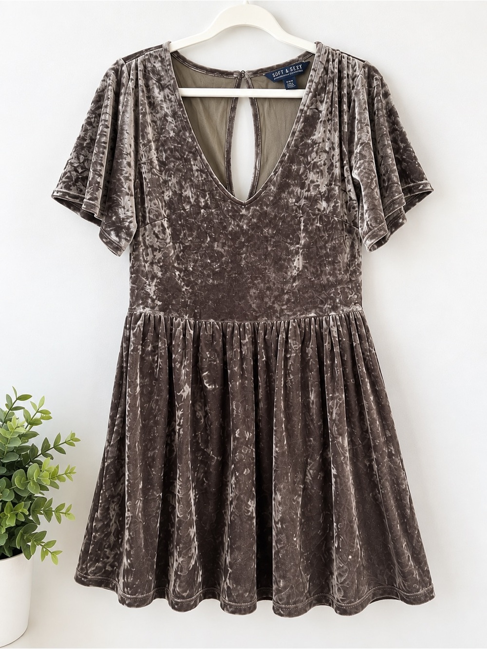 American Eagle Soft & Sexy Crushed Velvet Dress Medium Taupe Gray